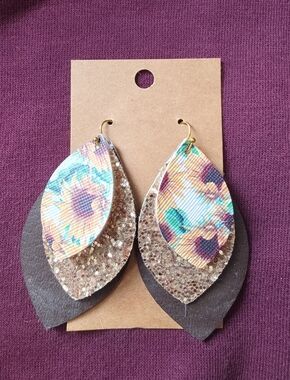Gold Glitter & Floral Layered Teardrop Earrings - Womens Jewelry